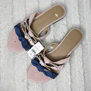 Loft Pink Floral Denim Bow Sandal Slide‎ Slip On Twee Cottagecore Women's 8
